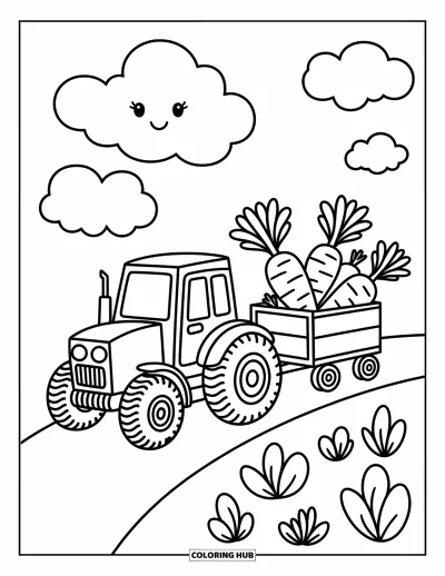 Coloriage Tracteur pour adultes : Un tracteur enjoué avec des roues potelées tire une charrette de grosses carottes et de radis