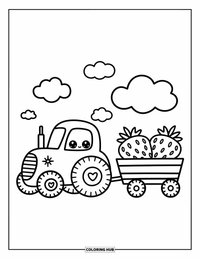 Coloriage Tracteur pour adultes : Un tracteur rond avec des roues en forme de cœur tire des fraises sous des nuages tourbillonnants enjoués