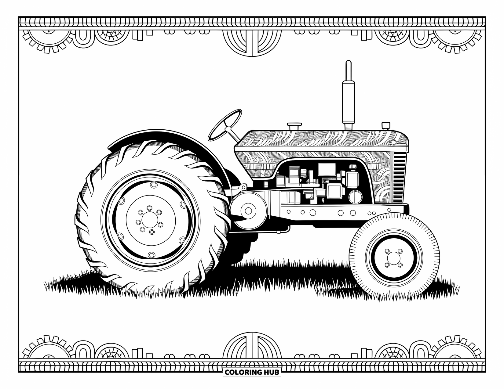 Kolorowanka z traktorem dla dorosłych: Traktor z widokiem z boku jest ozdobiony szczegółowymi wzorami zentangle i eleganckimi motywami