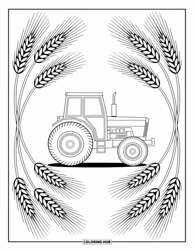 Coloriage de tracteur pour adultes : Un tracteur en vue latérale se trouve au milieu de motifs détaillés de blé et d’orge