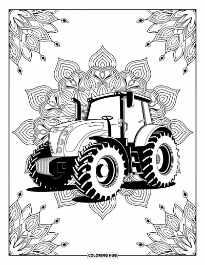 Coloriage de tracteur pour adultes : Un tracteur élégant avec des engrenages mécaniques se trouve sur des motifs de mandala tourbillonnants
