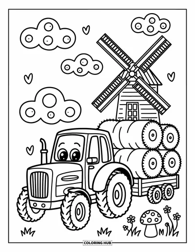 Coloriage Tracteur pour adultes : Un tracteur souriant transporte des balles de foin près d’un moulin à vent avec de minuscules champignons autour