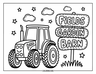 Coloriage Tracteur pour adultes : Un tracteur souriant est garé près d’un panneau de ferme pétillant avec des nuages flottants et des formes d’étoiles