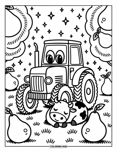 Coloriage Tracteur pour adultes : Un tracteur souriant est garé près d’arbres à poires tourbillonnants avec une vache dormant en dessous