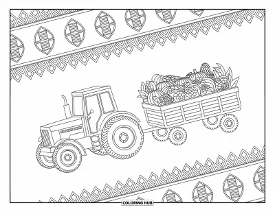 Coloriage de tracteur pour adultes : Un tracteur transporte un wagon de paniers à motifs entouré de motifs complexes