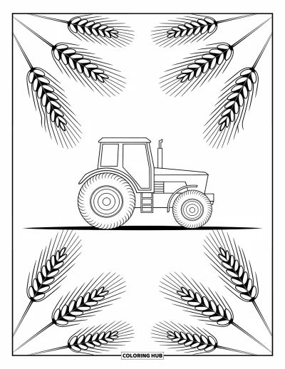 Coloriage de tracteur pour adultes : Un tracteur en vue latérale est encadré par des motifs symétriques de blé et d’orge