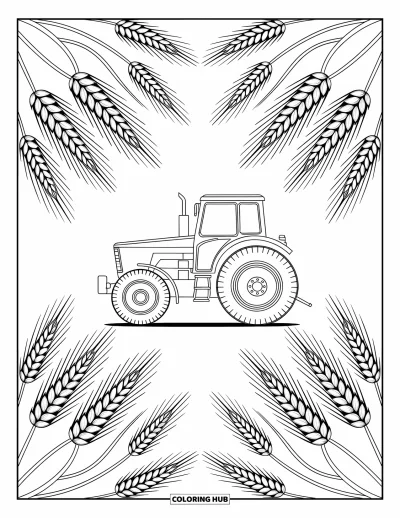 Coloriage de tracteur pour adultes : Un tracteur est entouré de motifs tourbillonnants de blé et d’orge