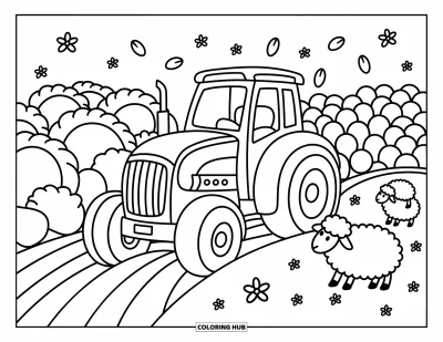 Coloriage Tracteur pour adultes : Un tracteur se déplace dans un champ avec des choux géants et des moutons joyeux à proximité