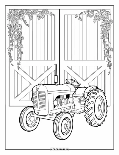 Coloriage de tracteur pour adultes : Un tracteur est assis devant une porte de grange avec du lierre grimpant et des détails en bois