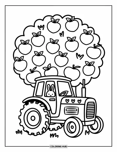 Coloriage Tracteur pour adultes : Un tracteur avec de petits cœurs se tient sous un pommier tandis qu’un lapin regarde
