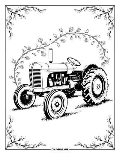 Coloriage de tracteur pour adultes : Un tracteur vintage est assis entouré de vignes tourbillonnantes et de motifs floraux délicats
