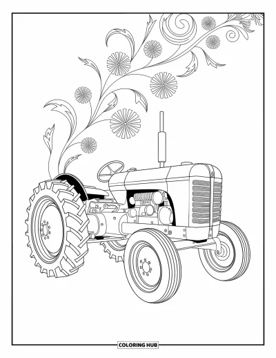 Coloriage de tracteur pour adultes : Un tracteur vintage se dresse contre des motifs floraux et de vignes tourbillonnants