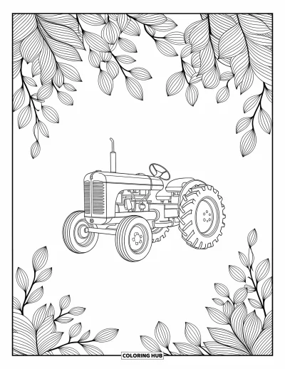Coloriage de tracteur pour adultes : Un tracteur élégant est assis entouré de feuilles tourbillonnantes et de motifs de branches complexes