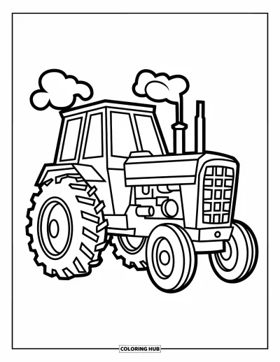 Coloriage Tracteur pour enfants : Un tracteur basique de profil avec un moteur à motif de grille a de la fumée qui flotte vers le haut