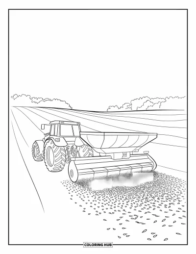 Coloriage de tracteur pour enfants : Un gros tracteur tire un épandeur avec des graines tombant sur des collines et des arbres