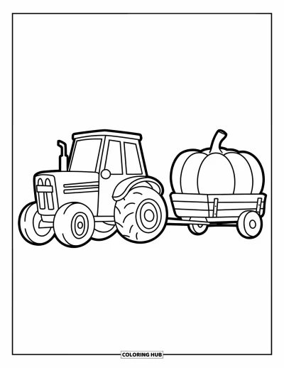 Coloriage de tracteur pour enfants : Un tracteur cartoon tire une remorque transportant une grosse citrouille à travers un champ
