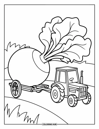 Coloriage de tracteur pour enfants : Un tracteur joyeux tire une charrette transportant un gros navet avec des tiges feuillues