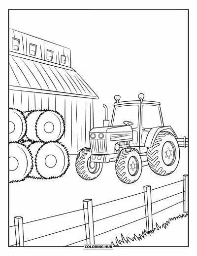 Coloriage de tracteur pour enfants : Un tracteur joyeux se trouve près d’une grange avec des bottes de foin et des poteaux de clôture en bois