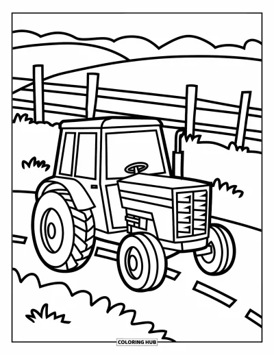 Coloriage Tracteur pour enfants : Un tracteur joyeux parcourt un chemin de ferme avec une clôture et trois poteaux à proximité