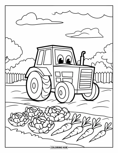 Coloriage de tracteur pour enfants : Un tracteur joyeux avec une grande roue se trouve près d’un jardin avec une clôture en bois