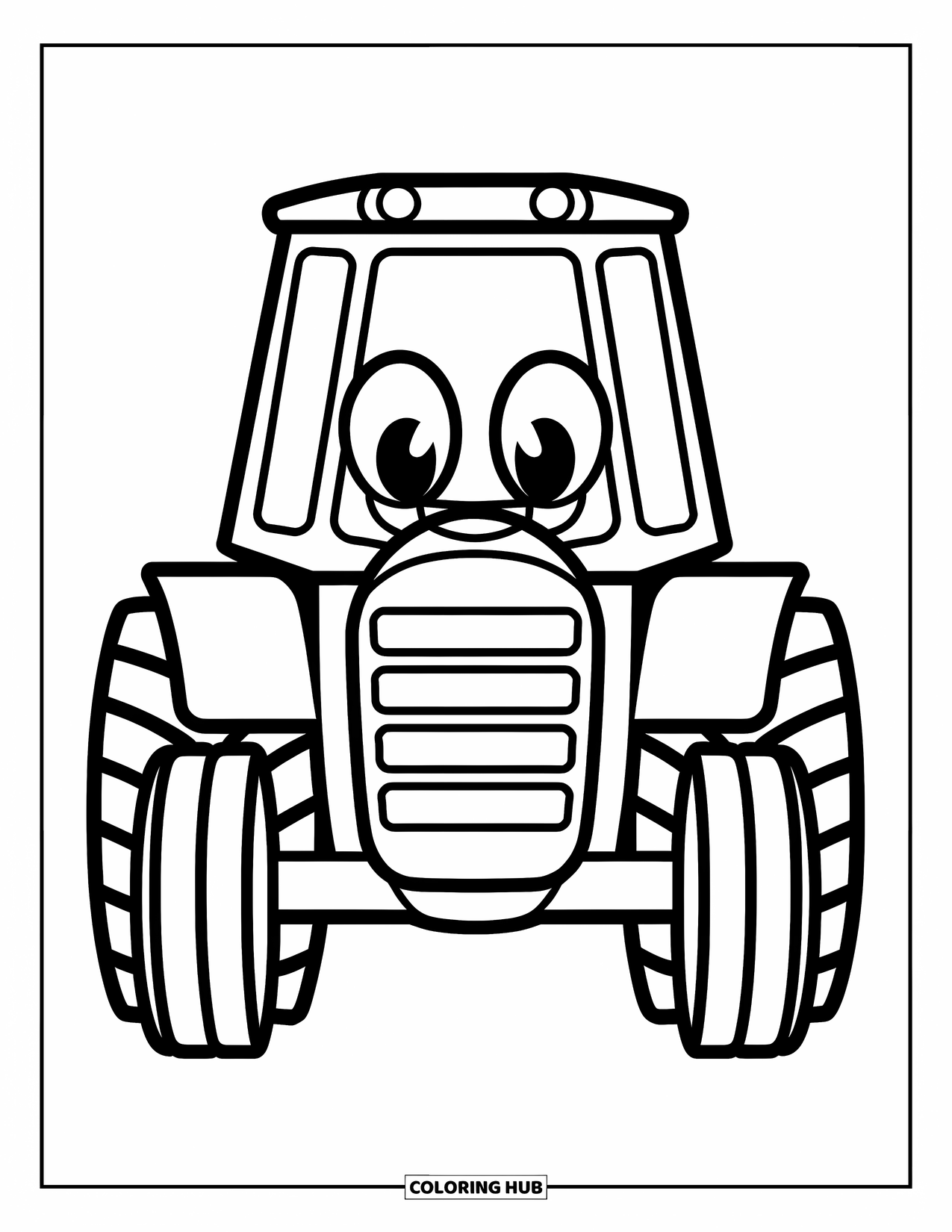 Kolorowanka z traktorem dla dzieci: Wesoły traktor z dużymi oczami i szerokim uśmiechem patrzy wprost