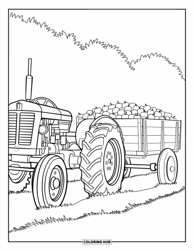 Coloriage Tracteur pour enfants : Un tracteur classique tire un wagon rempli de pommes à travers un champ