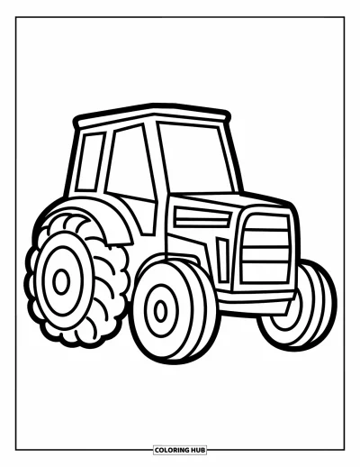 Coloriage de tracteur pour enfants : Un tracteur mignon fait face avec de gros pneus et un regard enjoué