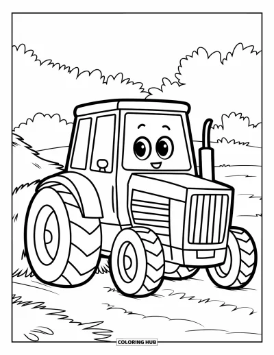 Coloriage Tracteur pour enfants : Un tracteur mignon avec de grandes roues est assis à côté d’un petit tas de foin dans un champ