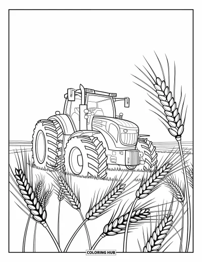 Coloriage Tracteur pour enfants : Un tracteur détaillé est placé dans un champ de blé avec des motifs de tiges dynamiques et fluides