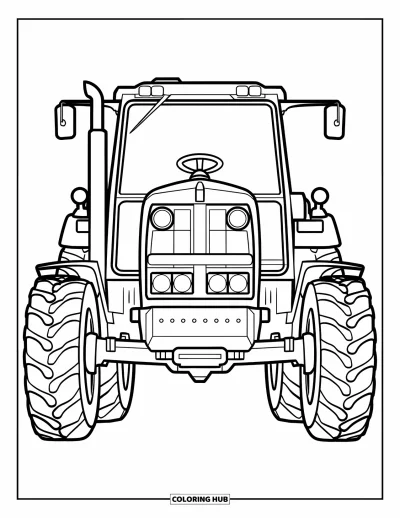 Coloriage de tracteur pour enfants : Un tracteur vu de face montre de grands phares et des détails de roues
