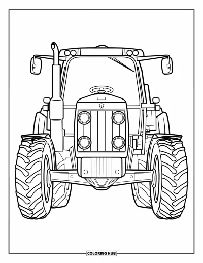 Coloriage de tracteur pour enfants : Un tracteur vu de face affiche des phares et des rayons de roues détaillés
