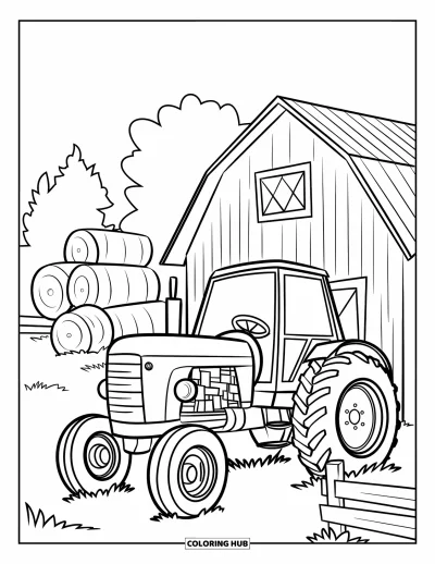 Coloriage Tracteur pour enfants : Un tracteur souriant est garé à côté d’une grange avec des balles de foin et une clôture en bois