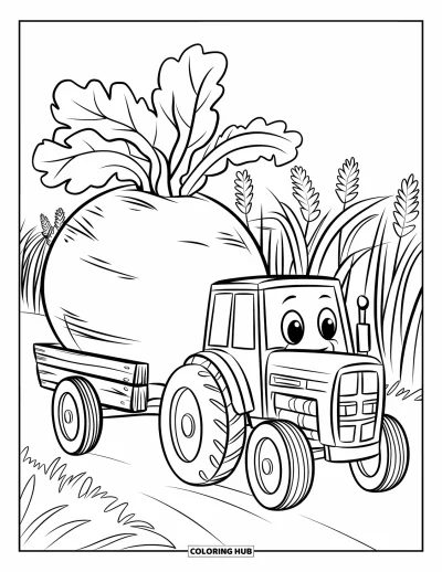 Coloriage Tracteur pour enfants : Un tracteur joyeux transporte un navet sur une charrette en bois près de hautes plantes
