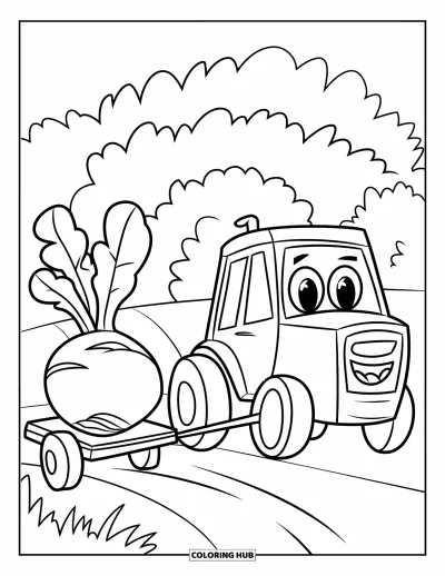 Coloriage Tracteur pour enfants : Un tracteur joyeux tire un gros navet sur une charrette à travers un champ