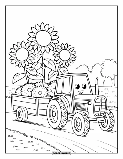 Coloriage Tracteur pour enfants : Un tracteur joyeux tire une remorque pleine de grands tournesols avec des arbres en arrière-plan