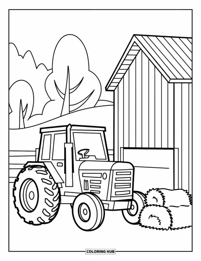 Coloriage Tracteur pour enfants : Un tracteur joyeux est assis près d’une grange avec des balles de foin et des lignes de clôture simples