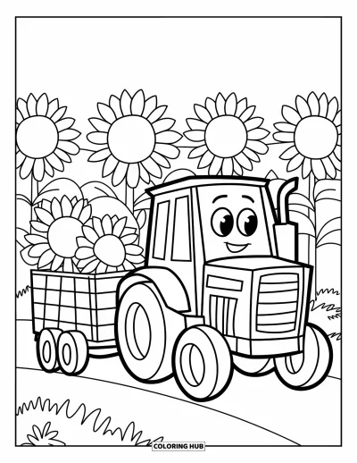 Coloriage de tracteur pour enfants : Un tracteur joyeux tire une remorque pleine de grands tournesols dans un champ