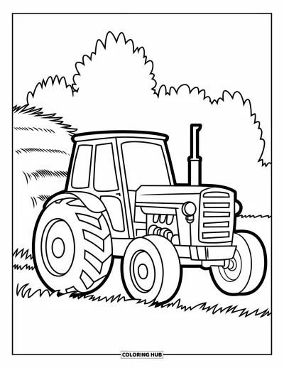 Coloriage de tracteur pour enfants : Un tracteur joyeux avec de grosses roues se trouve près d’une petite pile de foin dans un champ