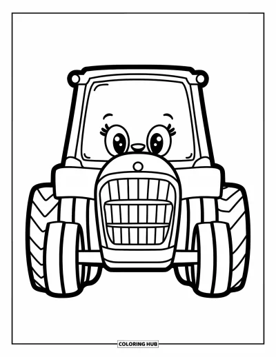 Coloriage de tracteur pour enfants : Un tracteur joyeux avec de gros pneus fait face avec une sensation enjouée et amicale