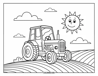 Coloriage Tracteur pour enfants : Un tracteur joyeux avec des roues rondes monte une colline avec un soleil souriant au-dessus