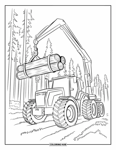 Coloriage Tracteur pour enfants : Un tracteur robuste soulève des bûches avec un bras de grue dans une forêt dense