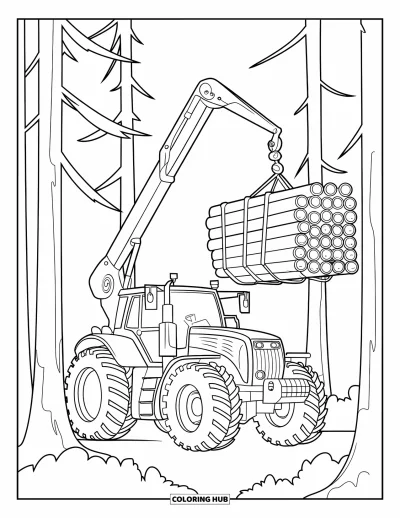Coloriage de tracteur pour enfants : Un tracteur robuste soulève des bûches haut entre de grands arbres dans la forêt