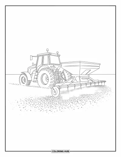 Coloriage de tracteur pour enfants : Un grand tracteur tire un épandeur alors que des graines tombent sur le champ en dessous