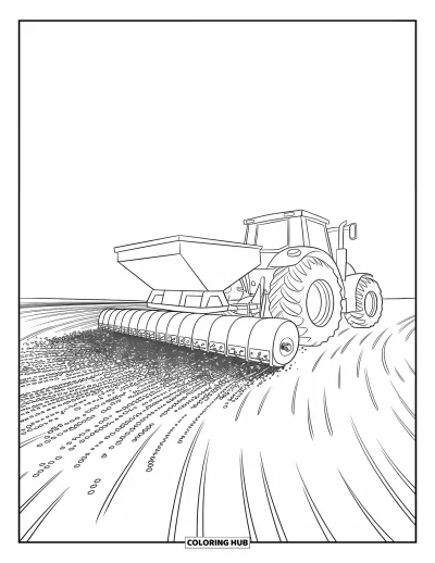Coloriage de tracteur pour enfants : Un grand tracteur répand des graines selon un motif tourbillonnant sur un large champ