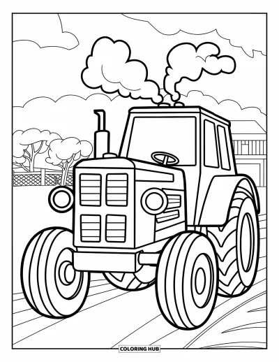 Coloriage de tracteur pour enfants : Un grand tracteur avec des phares ronds et des bouffées de vapeur se trouve près d’une ferme et d’arbres