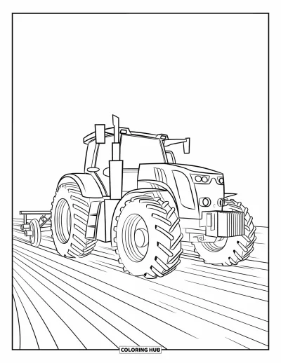 Coloriage de tracteur pour enfants : Un tracteur moderne traverse un champ fraîchement labouré avec des lignes parallèles