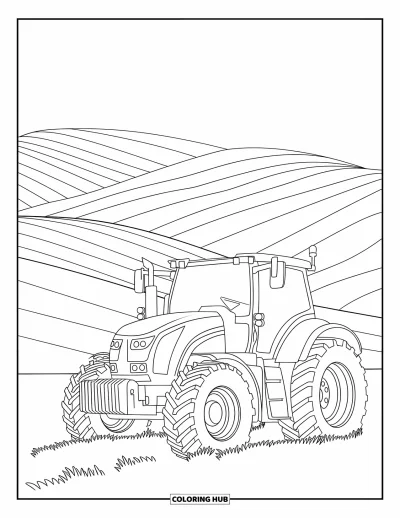 Coloriage de tracteur pour enfants : Un tracteur moderne est placé dans des collines avec un ciel dégagé et ouvert