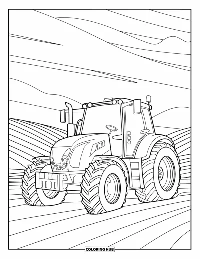 Coloriage de tracteur pour enfants : Un tracteur moderne se trouve dans un champ de collines sous un ciel dégagé