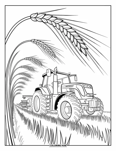 Coloriage de tracteur pour enfants : Un tracteur moderne se trouve dans un champ de blé avec des tiges expressives et courbées