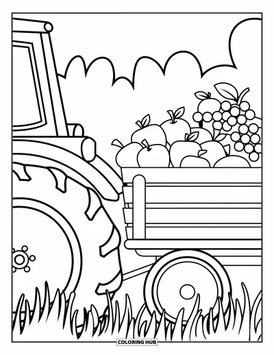 Coloriage de tracteur pour enfants : Un tracteur vu de côté tire un wagon plein de pommes, d’oranges et de raisins dans un champ